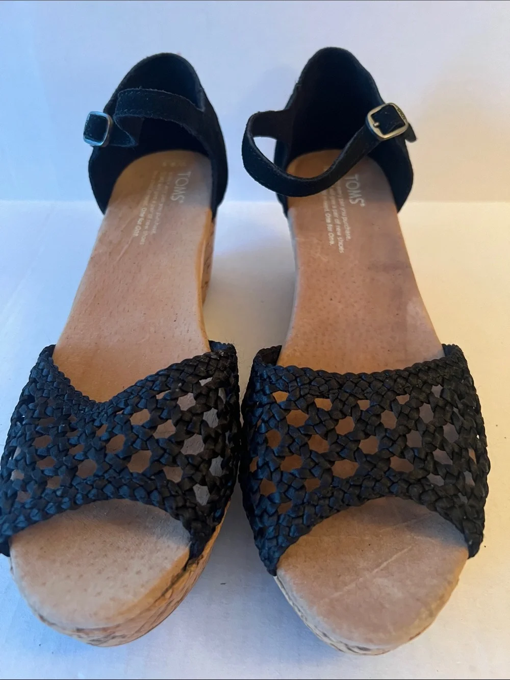TOMS Black Suede Wedge Sandals Women’s 9.5 Braided Open Toe Cork Platform Ankle
